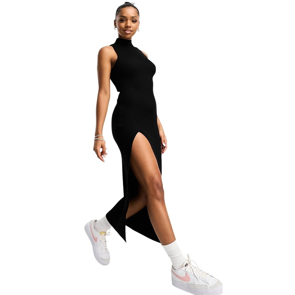 Bershka Womens Black Ribbed Mock Neck Sleeveless Side Slit Maxi Dress Small